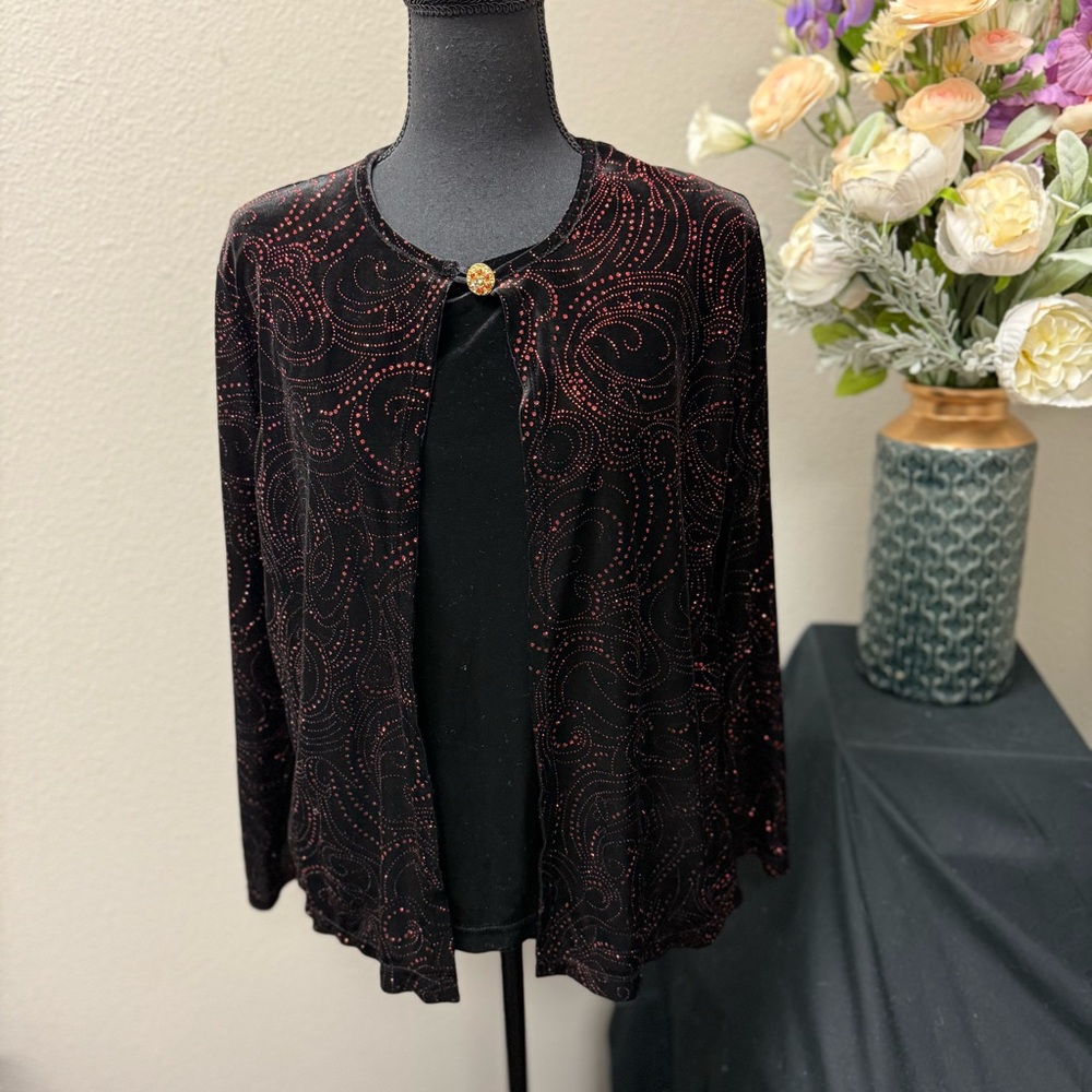 Notations Black Velvet Sparkle Swirl Open Front Cardigan – Size L